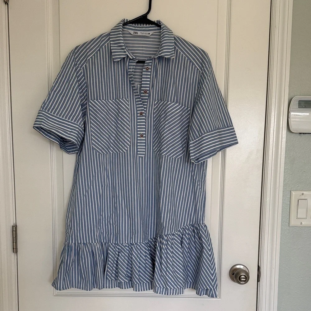 Zara Blue and Cream Striped Mini Dress Ruffle Frill Size Small Oversized - Picture 2 of 9